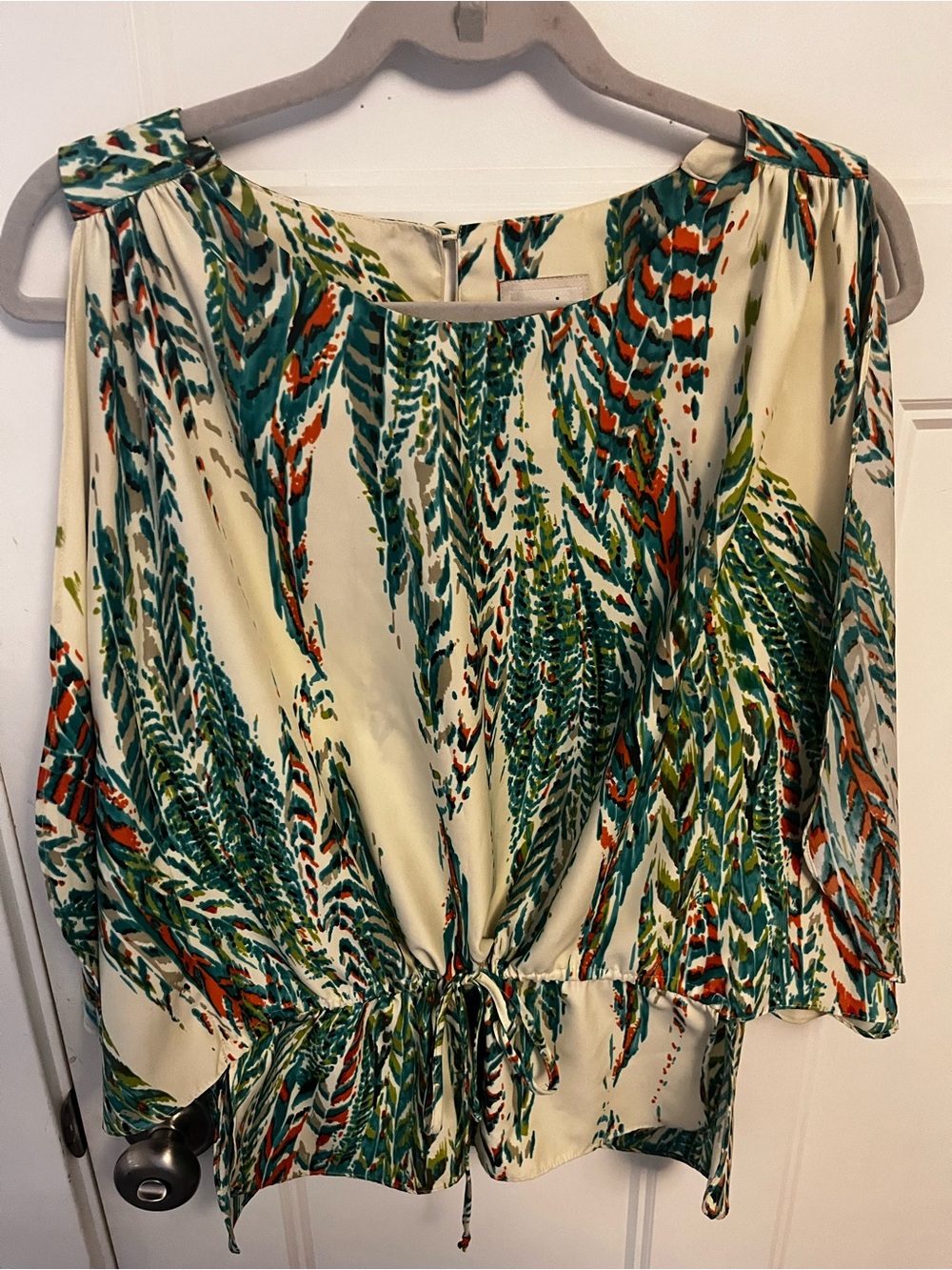 ECI Cream Blouse with Teal and Orange Abstract Print